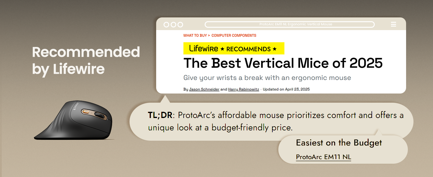 ProtoArc EM11 Ergonomic Vertical Wireless Mouse Rechargeable