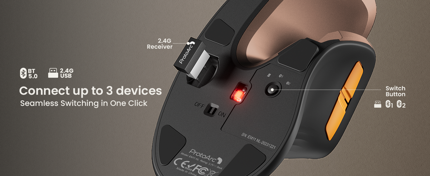 ProtoArc EM11 Ergonomic Vertical Wireless Mouse Rechargeable