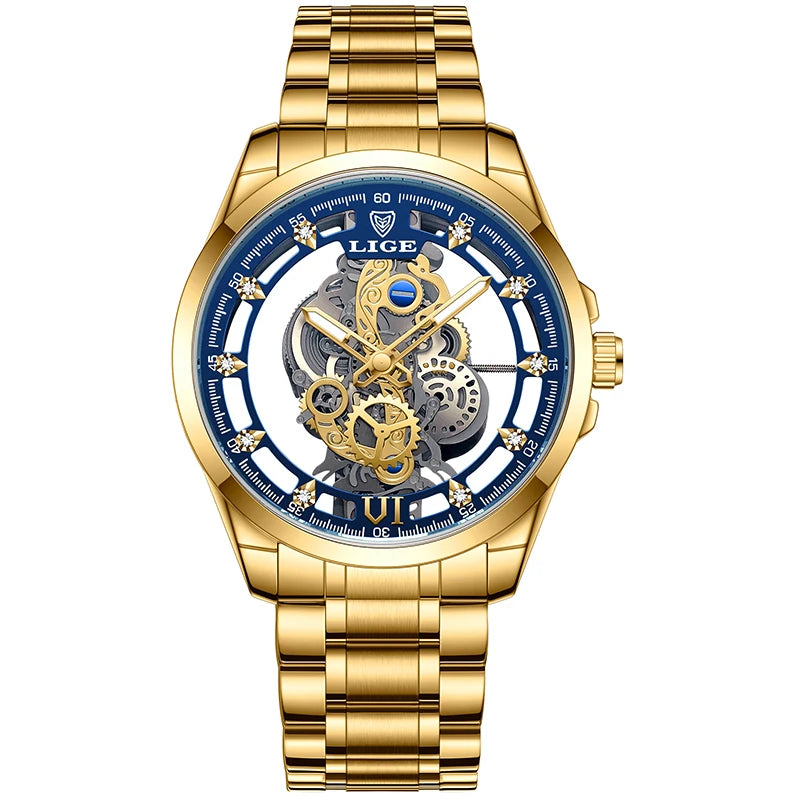 LIGE LG8997 Men's Gold Skeleton Quartz Watch