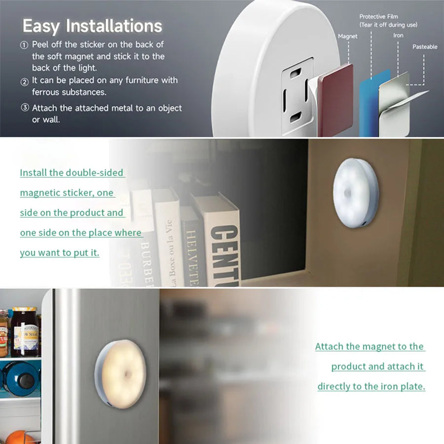 Smart Motion Sensor LED Night Light – USB Rechargeable Bedside Lamp