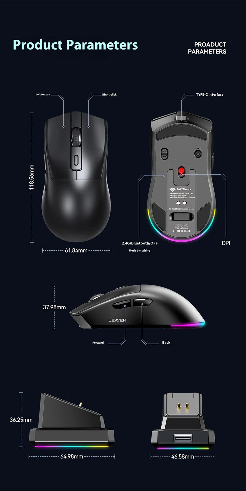 NexusClick Dual Mode Wireless Gaming Mouse,Lightweight RGB Backlit Magnetic Charging Dock DPI Adjustable Ergonomic for Laptop PC