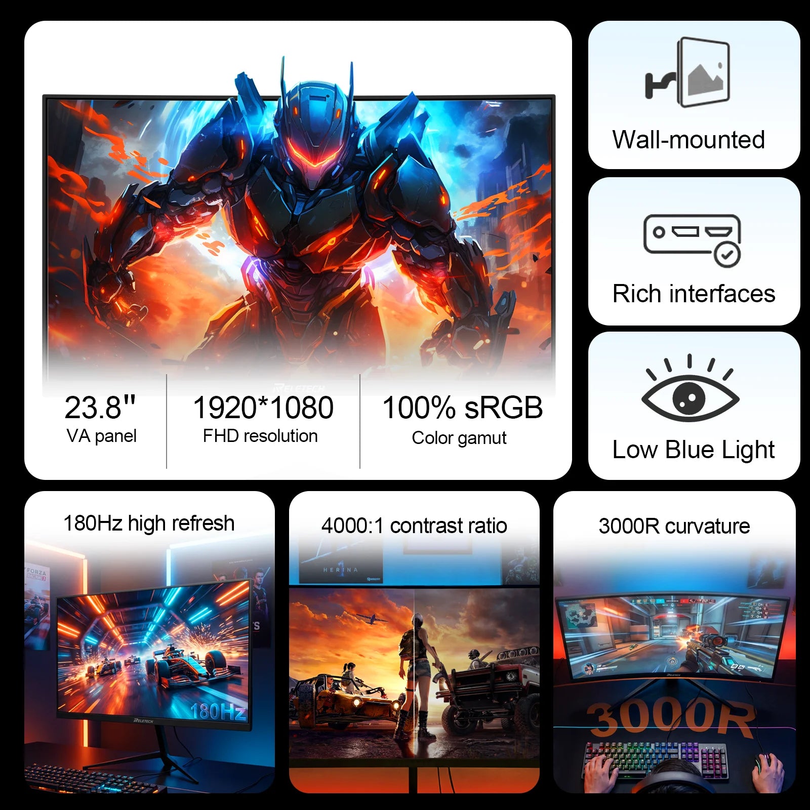 Reletech 23.8" Curved 180Hz FHD VA Gaming Monitor