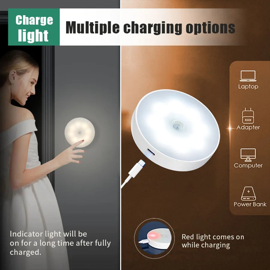 Smart Motion Sensor LED Night Light – USB Rechargeable Bedside Lamp