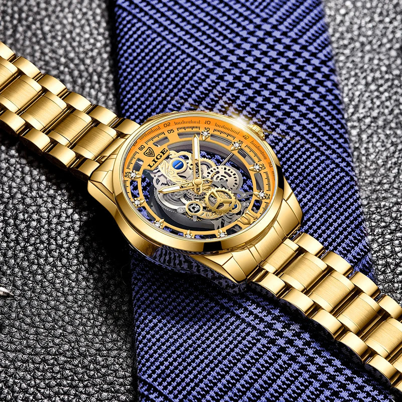 LIGE LG8997 Men's Gold Skeleton Quartz Watch