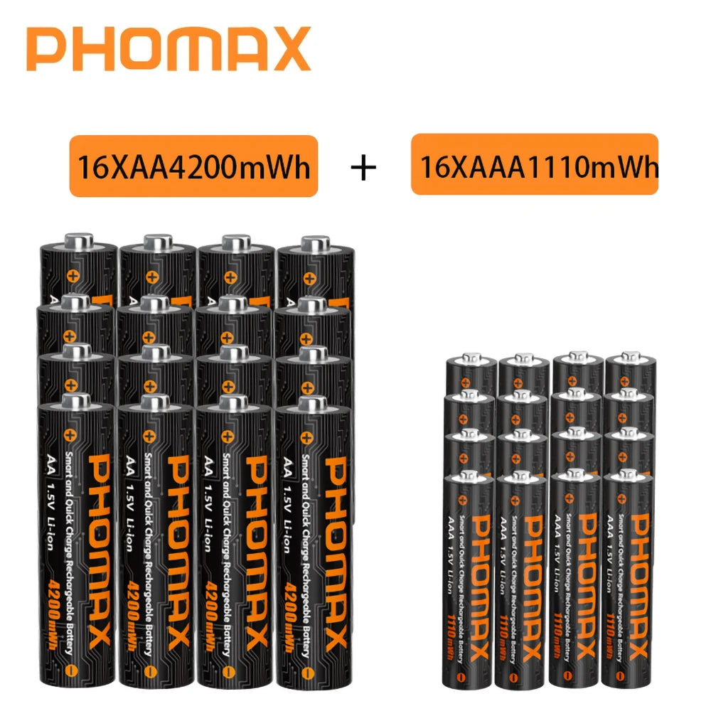 PHOMAX 1.5V Rechargeable Lithium Battery AA & AAA with Charger
