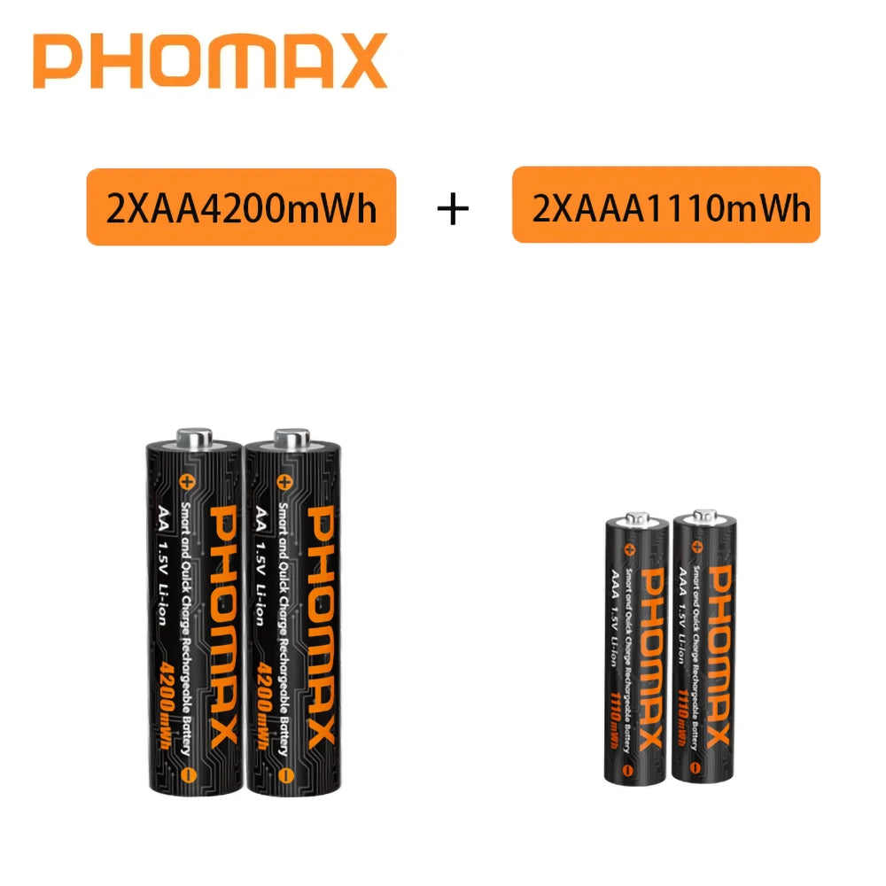 PHOMAX 1.5V Rechargeable Lithium Battery AA & AAA with Charger