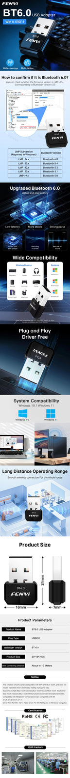 FENVI Bluetooth 6.0 USB Adapter Dongle for PC Windows 11/10