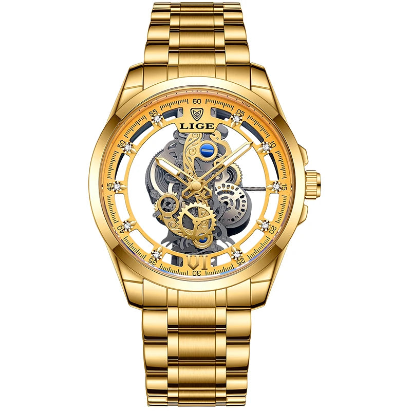 LIGE LG8997 Men's Gold Skeleton Quartz Watch