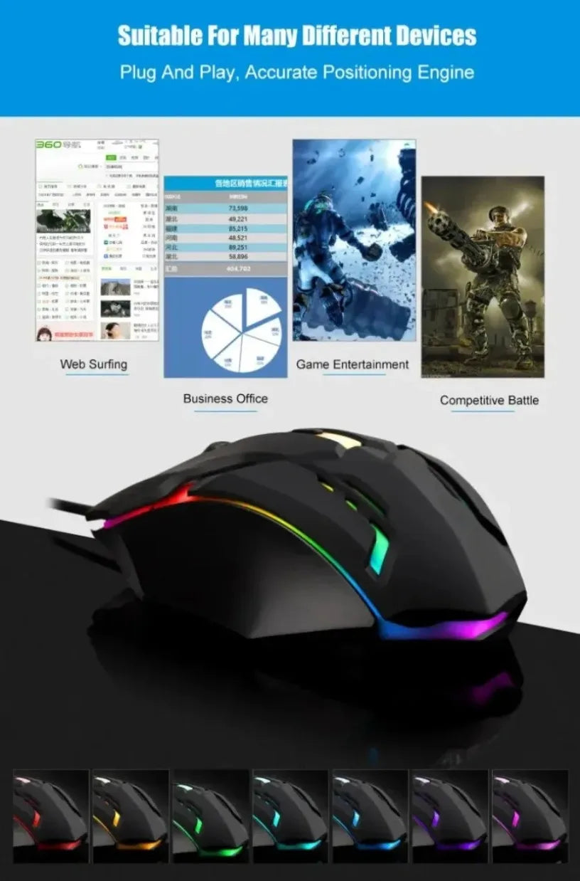 USB RGB Wired Gaming Mouse 1600 DPI Ergonomic Backlit