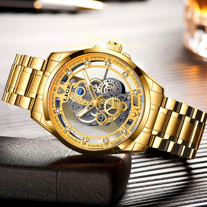 LIGE LG8997 Men's Gold Skeleton Quartz Watch