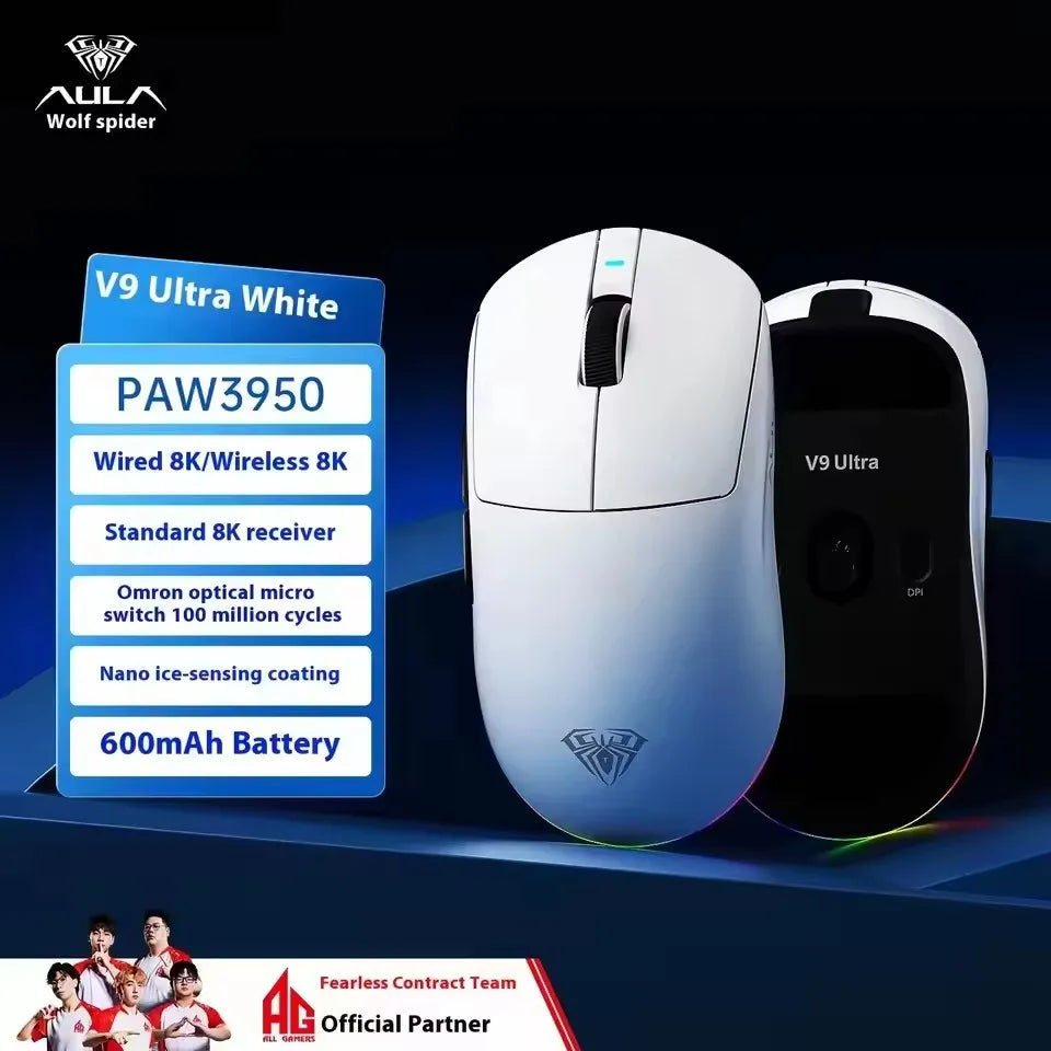 Aula V9 Pro Ultra Wireless E-sports Gaming Mouse Double 8k 3mode PAW 3950 8k Custom PC Accessory 55g Lightweight Ergonomic Mouse
