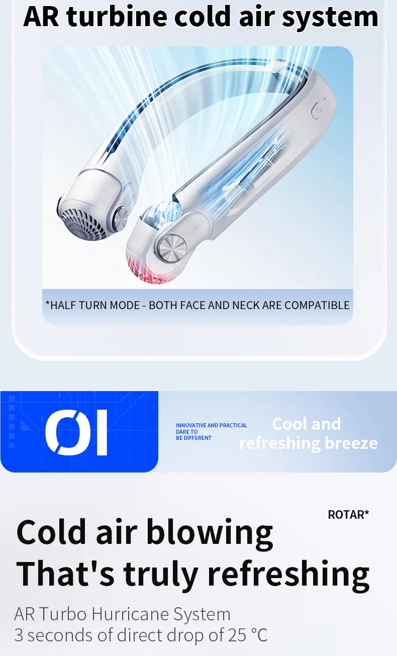 Rotor Bladeless Neck Fan – USB Rechargeable Turbo Cooling Fan
