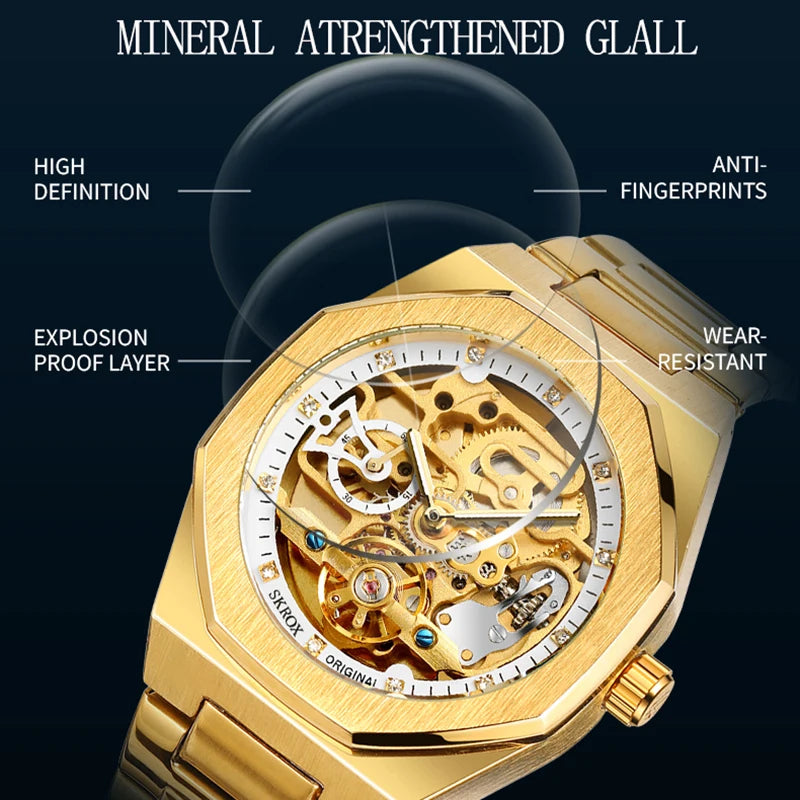 SKROX 1174 Gold Diamond Skeleton Automatic Watch