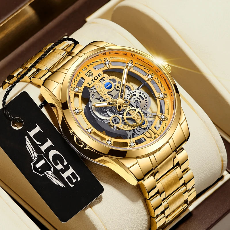 LIGE LG8997 Men's Gold Skeleton Quartz Watch