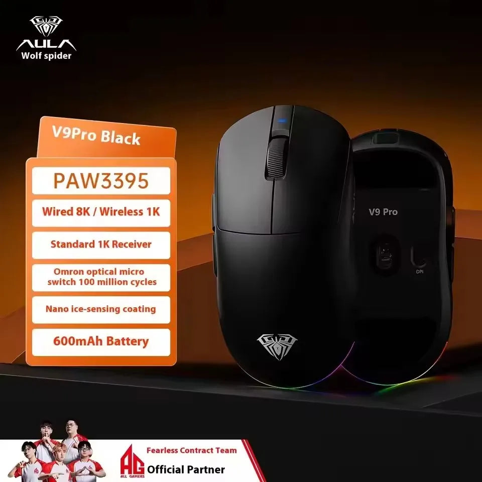 Aula V9 Pro Ultra Wireless E-sports Gaming Mouse Double 8k 3mode PAW 3950 8k Custom PC Accessory 55g Lightweight Ergonomic Mouse