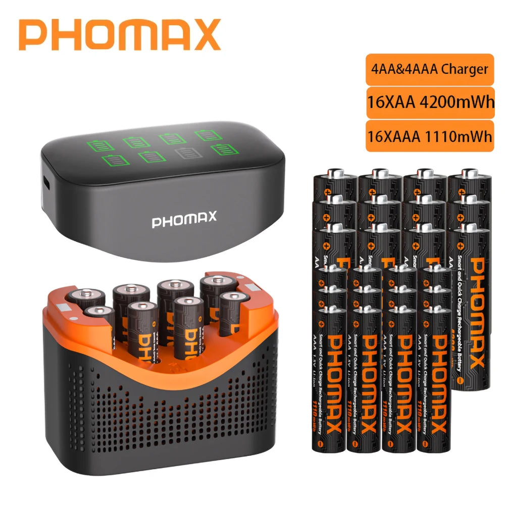 PHOMAX 1.5V Rechargeable Lithium Battery AA & AAA with Charger