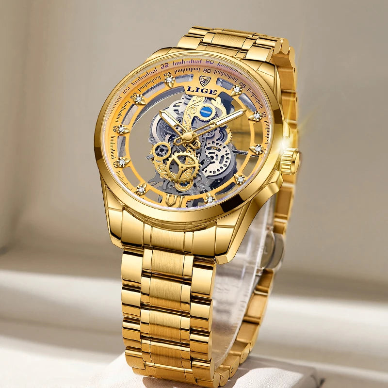 LIGE LG8997 Men's Gold Skeleton Quartz Watch