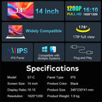 14" FHD IPS Dual Portable Monitor Screen Extender