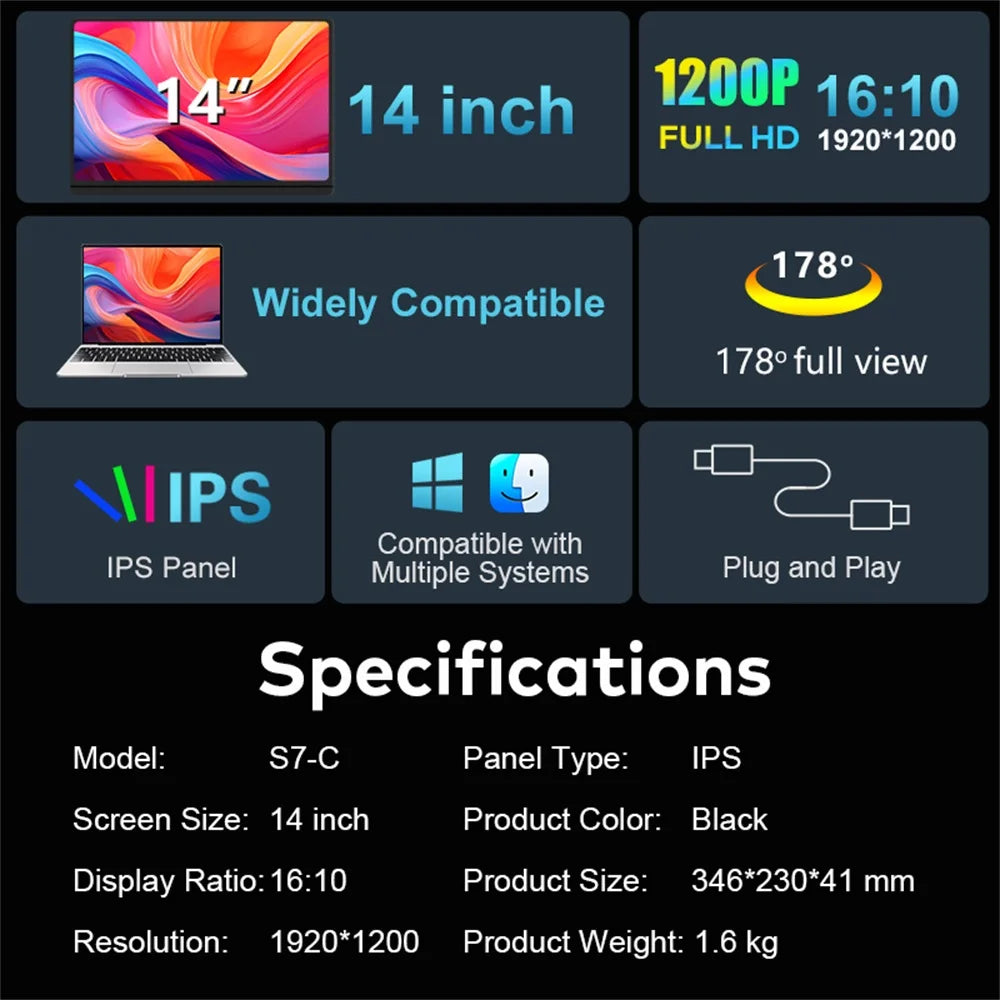 14" FHD IPS Dual Portable Monitor Screen Extender