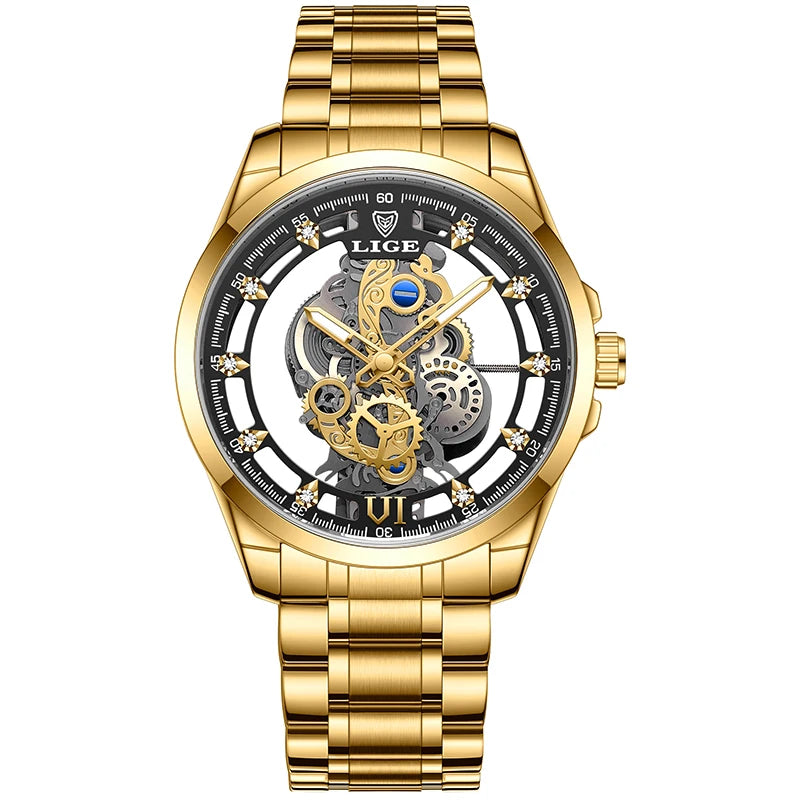 LIGE LG8997 Men's Gold Skeleton Quartz Watch