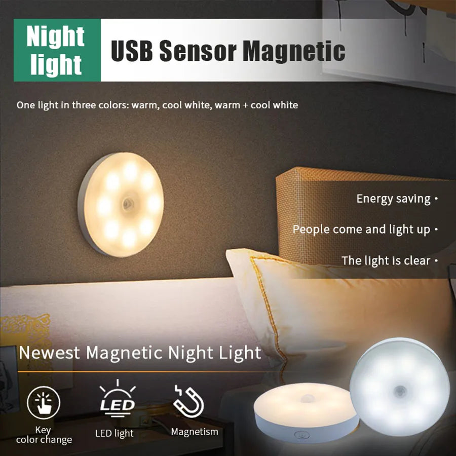 Smart Motion Sensor LED Night Light – USB Rechargeable Bedside Lamp