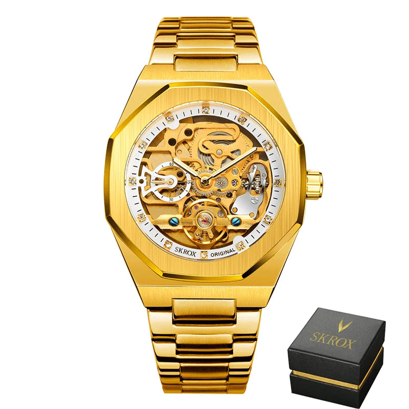 SKROX 1174 Gold Diamond Skeleton Automatic Watch