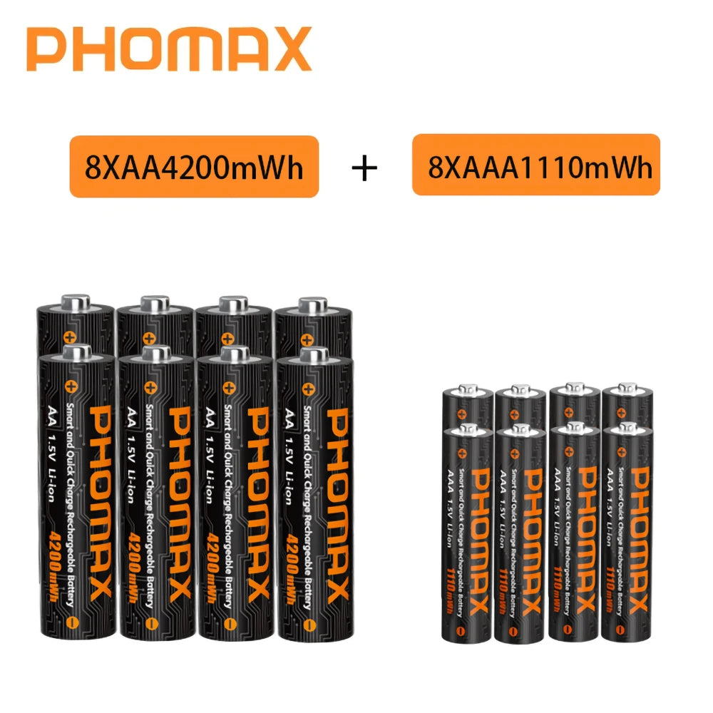 PHOMAX 1.5V Rechargeable Lithium Battery AA & AAA with Charger