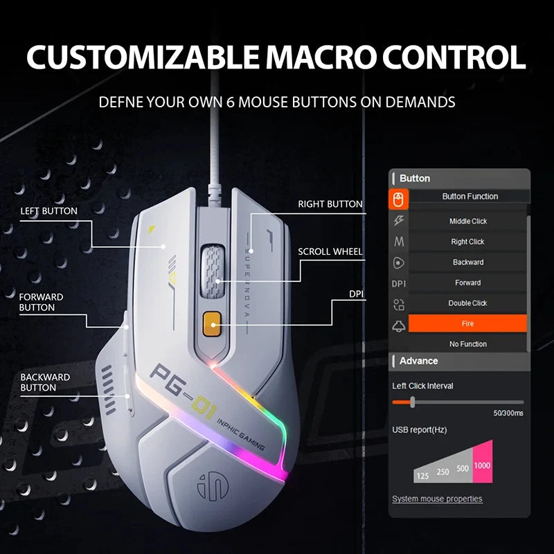 Inphic PG1 RGB Wired Gaming Mouse 12800 DPI 1000Hz