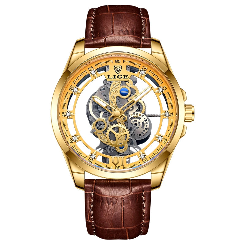 LIGE LG8997 Men's Gold Skeleton Quartz Watch