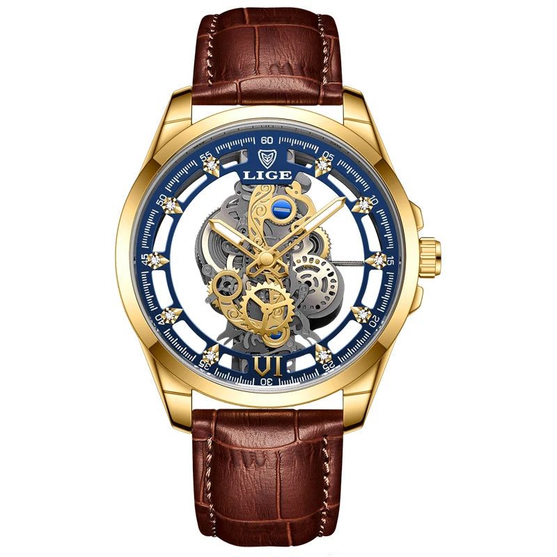 LIGE LG8997 Men's Gold Skeleton Quartz Watch