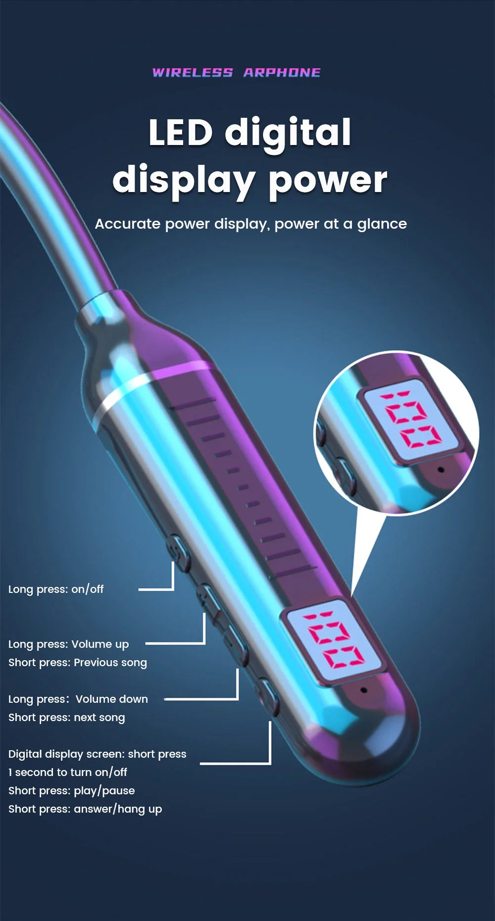 Wireless Neckband Earphones Bluetooth 5.3 LED Waterproof Magnetic