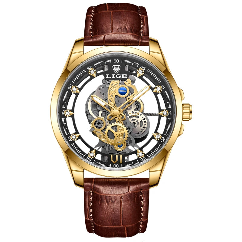 LIGE LG8997 Men's Gold Skeleton Quartz Watch