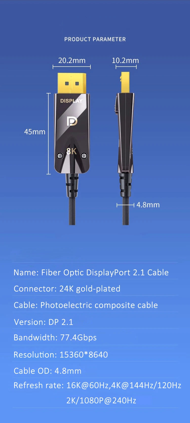 16K Fiber Optic DisplayPort 2.1 Cable