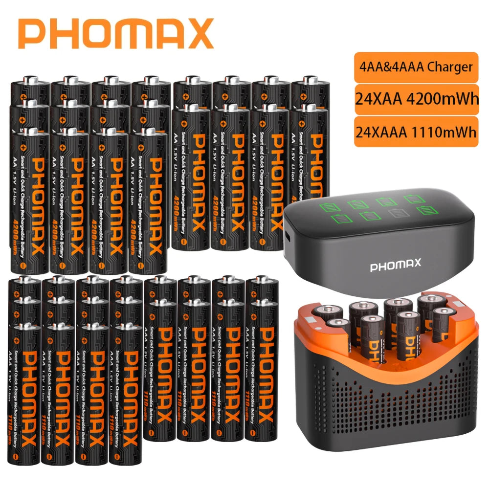 PHOMAX 1.5V Rechargeable Lithium Battery AA & AAA with Charger