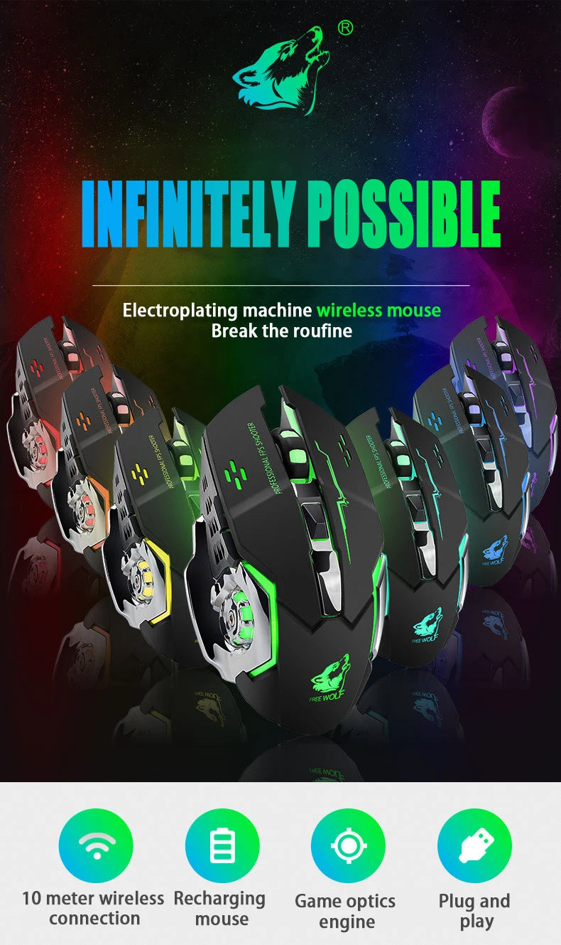 Free Wolf X8 Wireless Mouse Charging Gaming Mouse Mute Backlit Mechanical Ergonomic Optical Computer Accessories for Pc Laptop