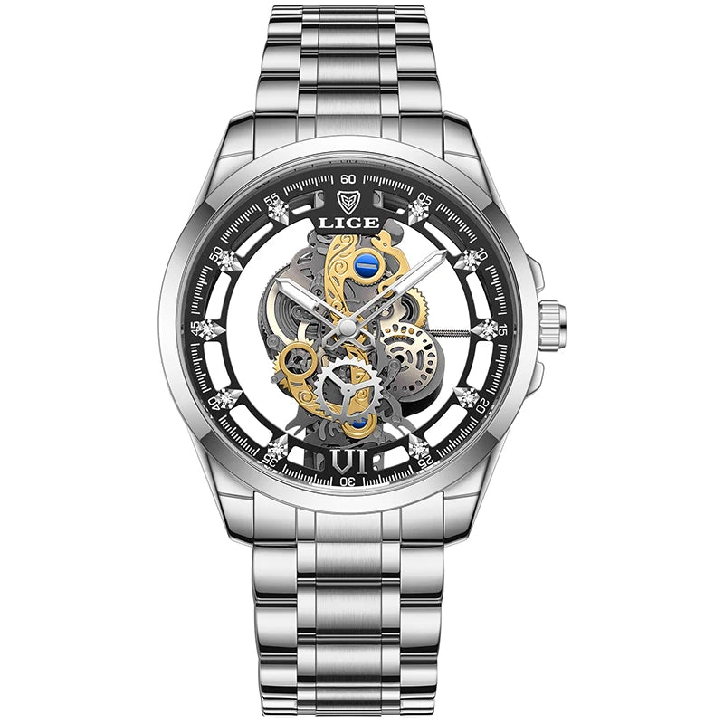 LIGE LG8997 Men's Gold Skeleton Quartz Watch
