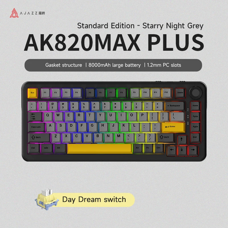 AJAZZ AK820 MAX/MAX Plus Gaming Keyboard Tri Mode 8000mAh Gasket TFT Screen Hot Plug Mechanical Keyboard Customized PC Accessory