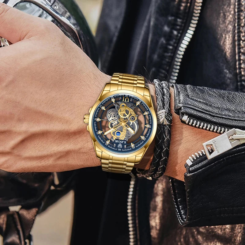 LIGE LG8997 Men's Gold Skeleton Quartz Watch