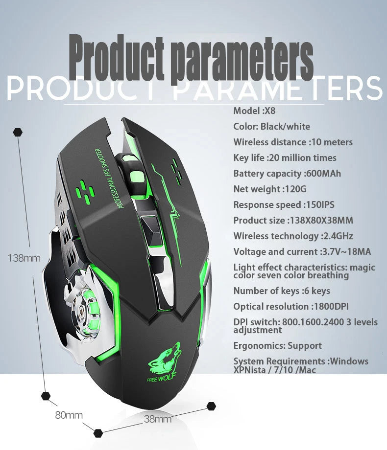 Free Wolf X8 Wireless Mouse Charging Gaming Mouse Mute Backlit Mechanical Ergonomic Optical Computer Accessories for Pc Laptop