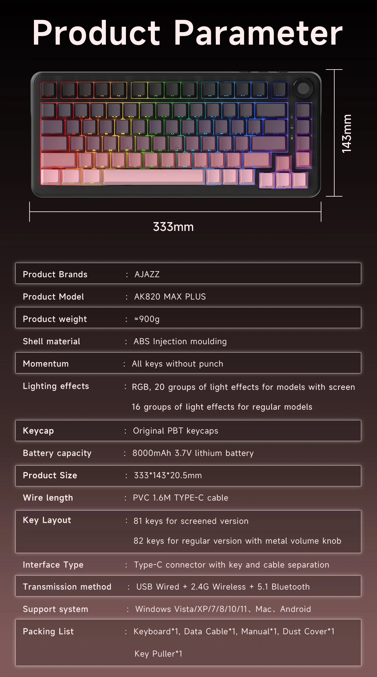 AJAZZ AK820 MAX/MAX Plus Gaming Keyboard Tri Mode 8000mAh Gasket TFT Screen Hot Plug Mechanical Keyboard Customized PC Accessory