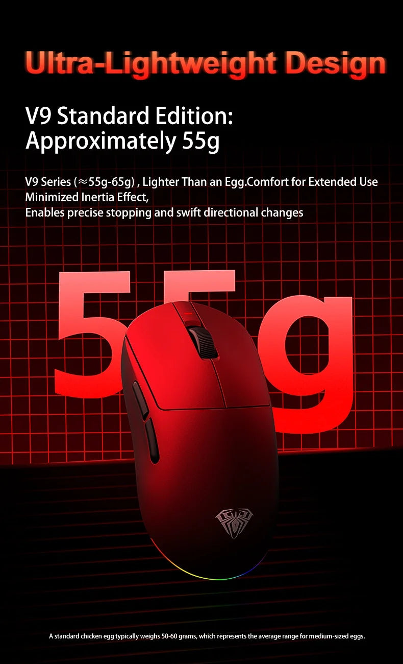 Aula V9 Pro Ultra Wireless E-sports Gaming Mouse Double 8k 3mode PAW 3950 8k Custom PC Accessory 55g Lightweight Ergonomic Mouse