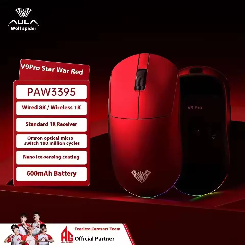 Aula V9 Pro Ultra Wireless E-sports Gaming Mouse Double 8k 3mode PAW 3950 8k Custom PC Accessory 55g Lightweight Ergonomic Mouse