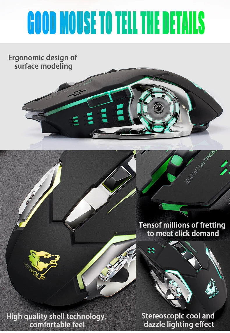 Free Wolf X8 Wireless Mouse Charging Gaming Mouse Mute Backlit Mechanical Ergonomic Optical Computer Accessories for Pc Laptop
