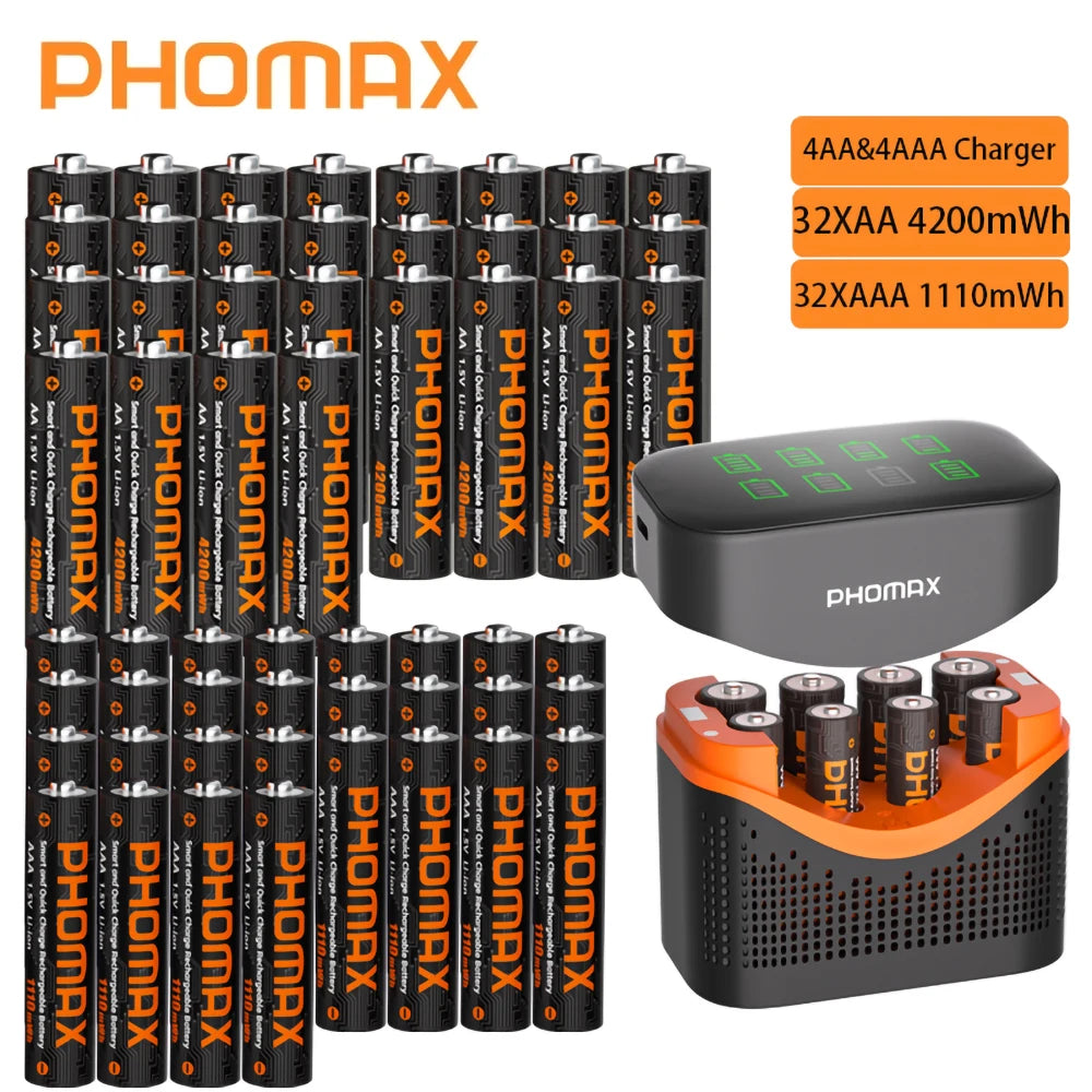 PHOMAX 1.5V Rechargeable Lithium Battery AA & AAA with Charger