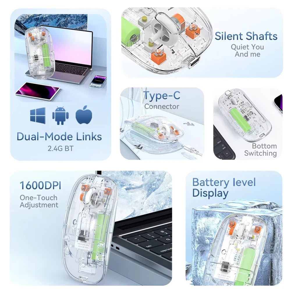 KEBIDUMEI Transparent Wireless Mouse Bluetooth Dual Mode Silent