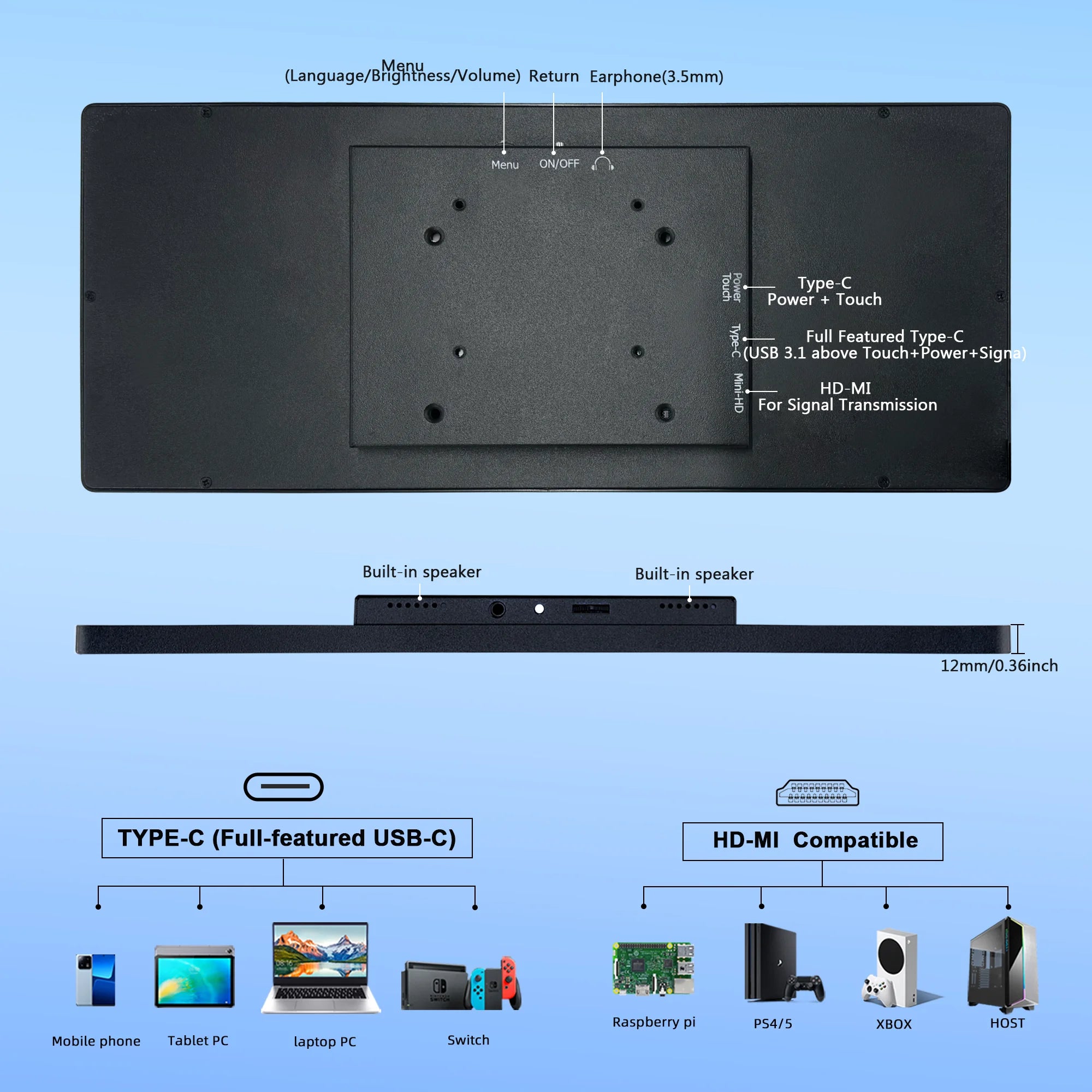 Wisecoco 12.3" IPS Touch Portable Monitor 1920x720