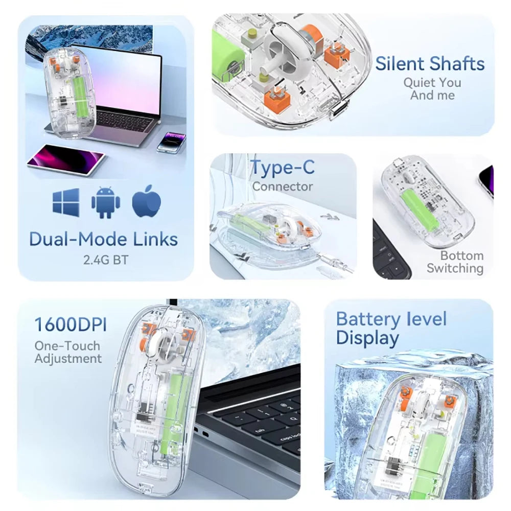 KEBIDUMEI Transparent Wireless Mouse Bluetooth Dual Mode Silent