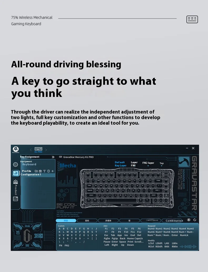 GravaStar K1 75 Tri-Mode Wireless Mechanical Gaming Keyboard