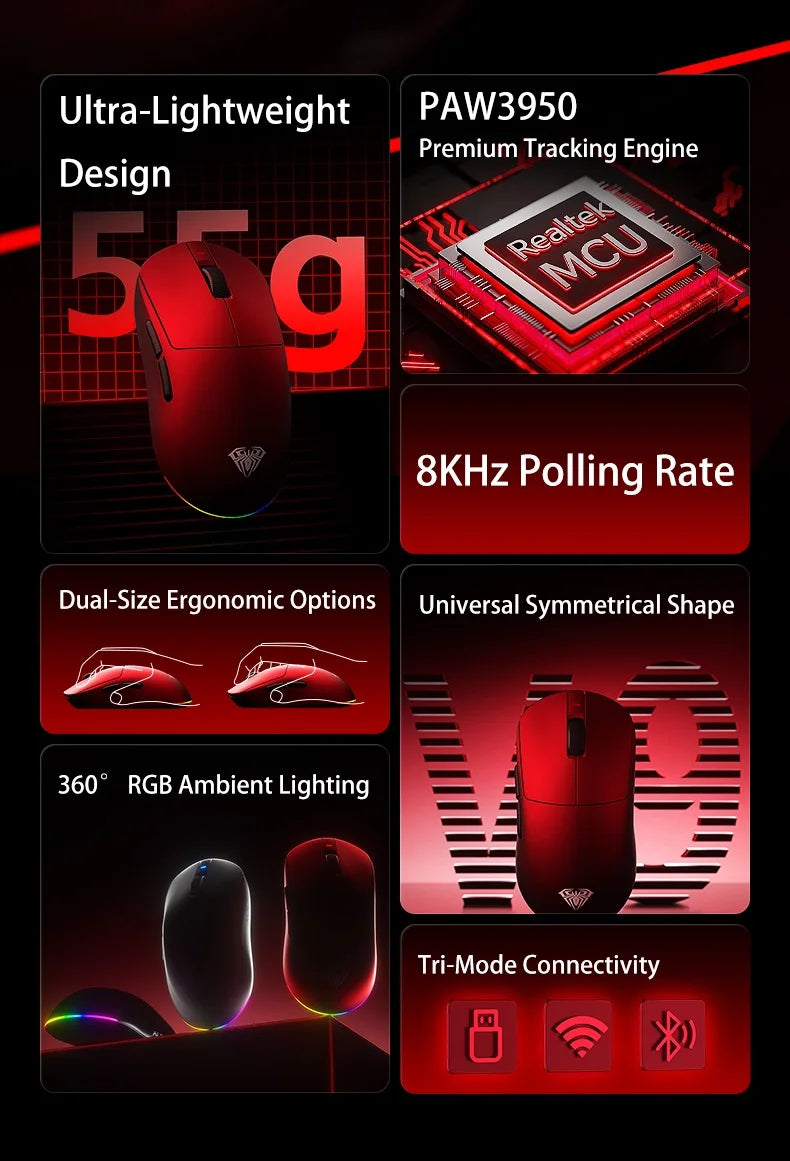 Aula V9 Pro Ultra Wireless E-sports Gaming Mouse Double 8k 3mode PAW 3950 8k Custom PC Accessory 55g Lightweight Ergonomic Mouse