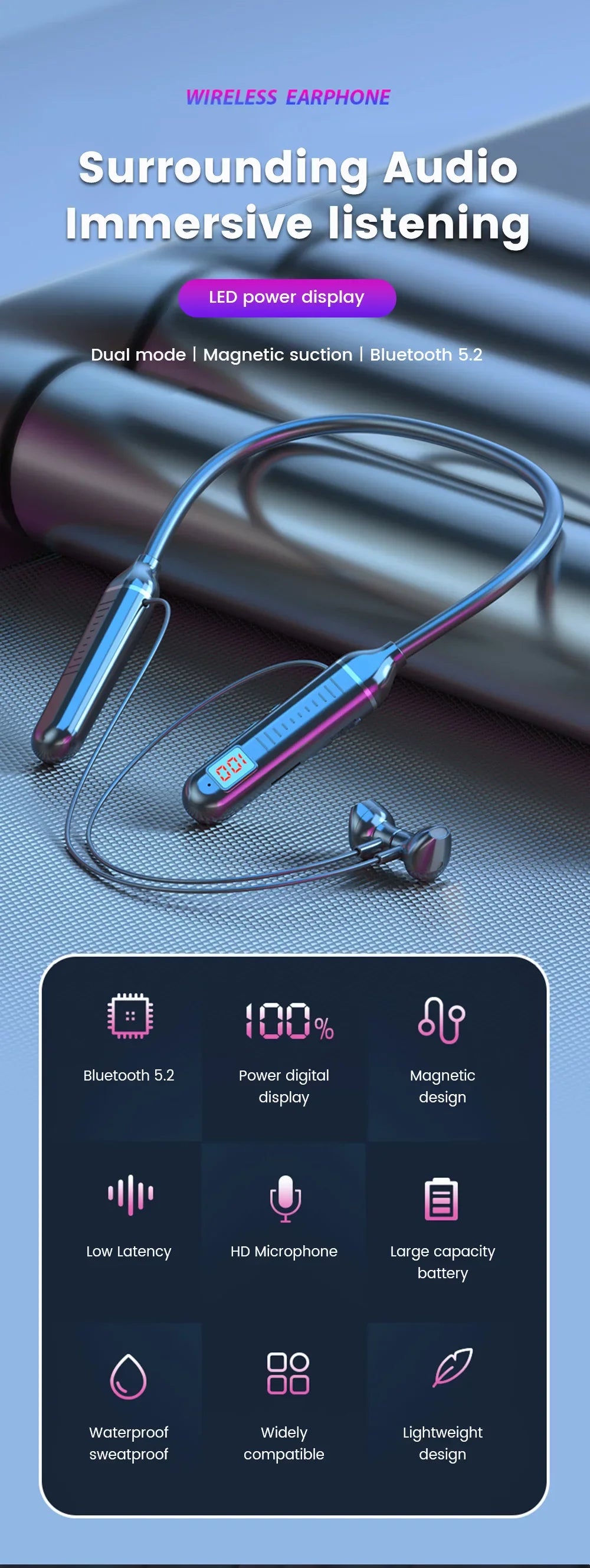 Wireless Neckband Earphones Bluetooth 5.3 LED Waterproof Magnetic